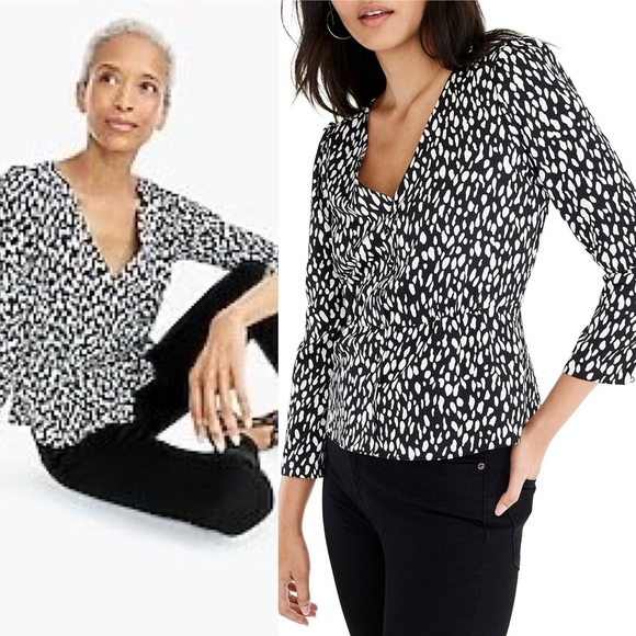 J.CREW Women's Printed Satin Crepe Peplum Top Blouse Black White Size 00 - Picture 2 of 10